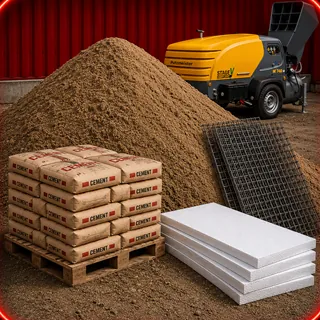 Grindų betonavimo darbai su betonavimo medžiagomis