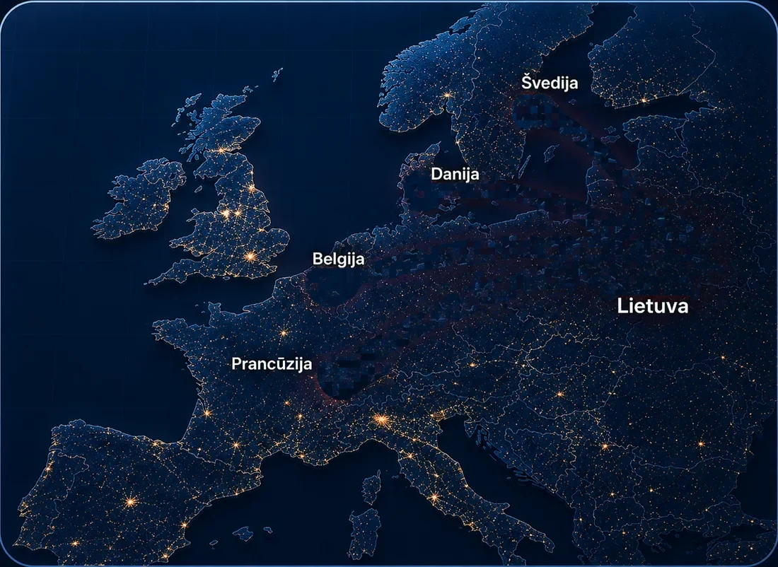 Naverix tarptautinių projektų žemėlapis: grindų betonavimo kryptys iš Lietuvos į Daniją, Švediją, Belgiją ir Prancūziją
