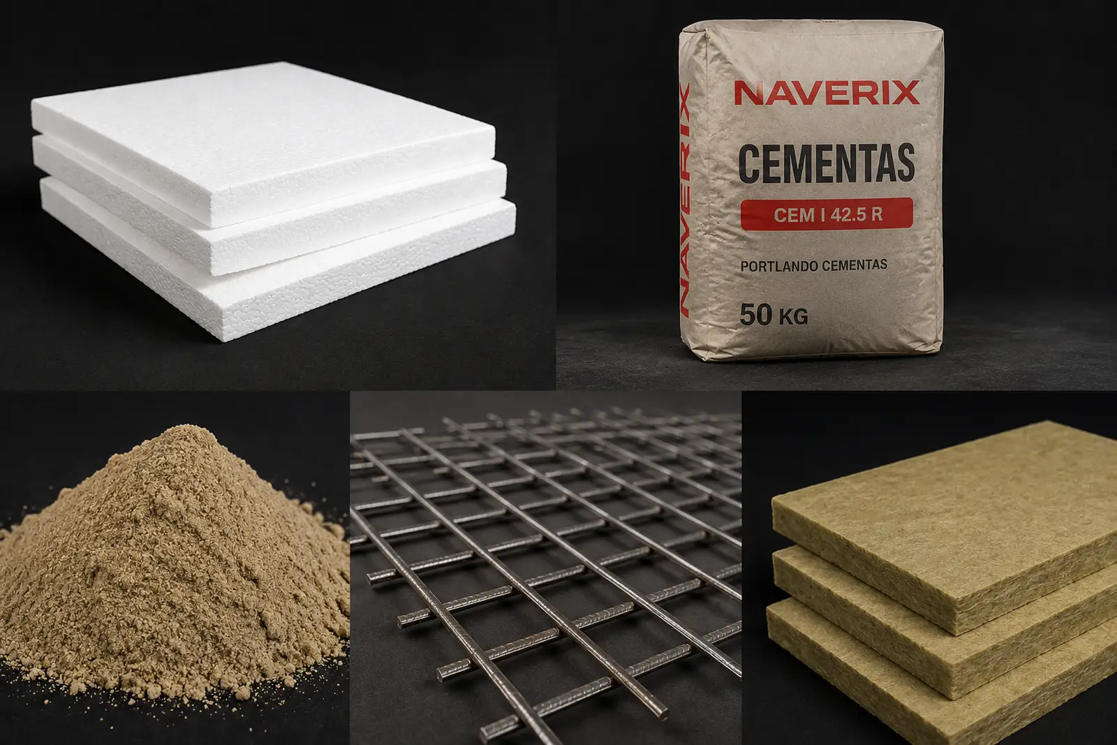 Grindų betonavimo medžiagos: smėlis, cementas, armavimo tinklas, EPS ir mineralinė vata