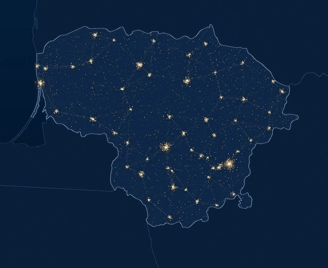 Naverix aptarnaujamos vietovės: Lietuvos žemėlapis su 100 km spinduliu aplink Vilnių
